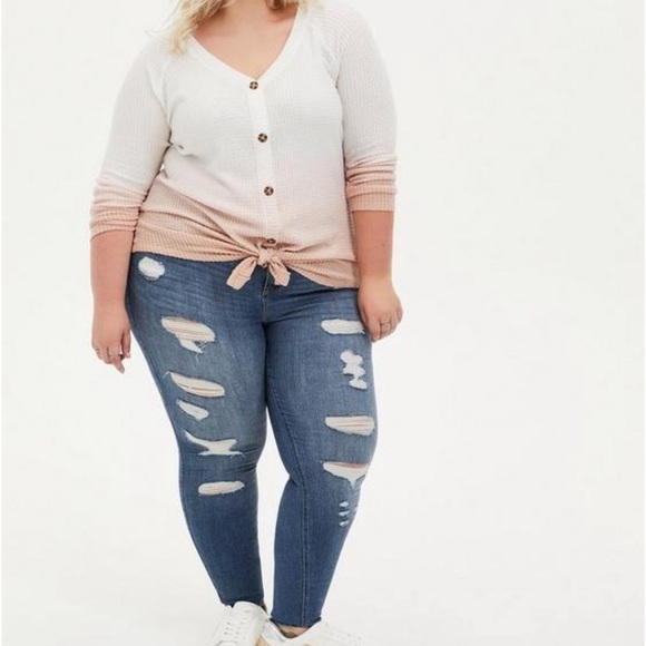 Torrid Waffle V-Neck Button Front Long Sleeve Peach Ombre White Top Plus Size 1X - Picture 4 of 14